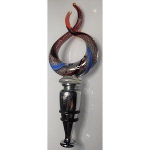 Venetian Murano Style Blown Glass Wine Bottle Stopper Silver Tone 6 inches w/Box